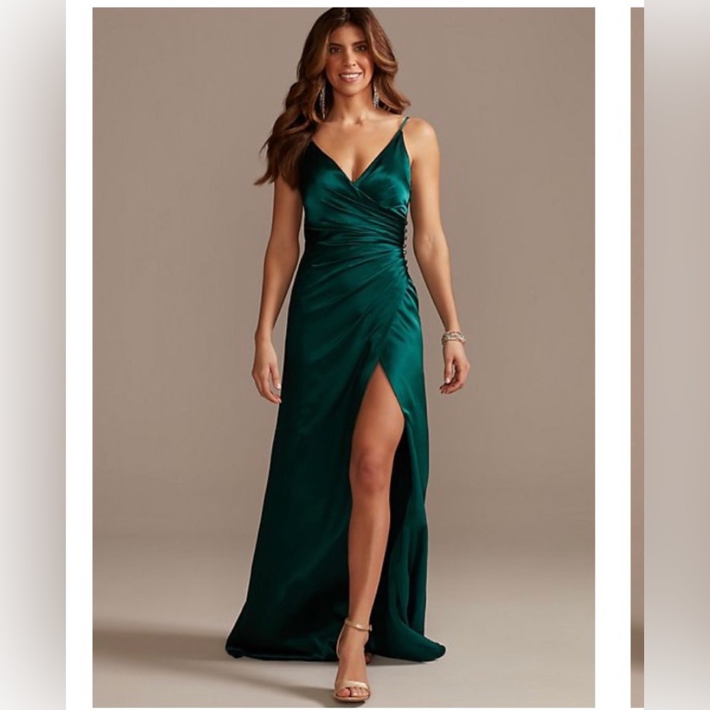 charmeuse draped strappy bridesmaid dress in juniper color